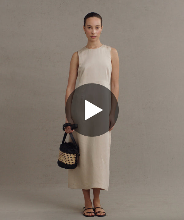 Model wearing Blair Dress in Oatmeal.