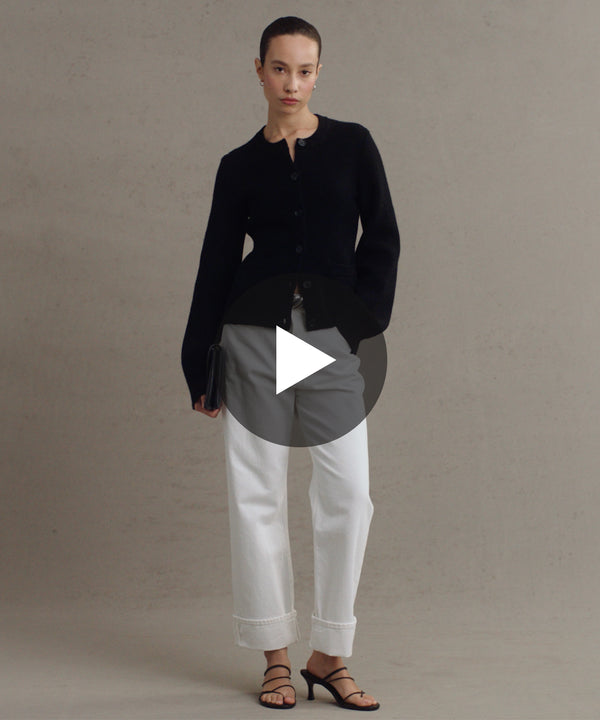 Model wearing Cooper Cardigan in Black.
