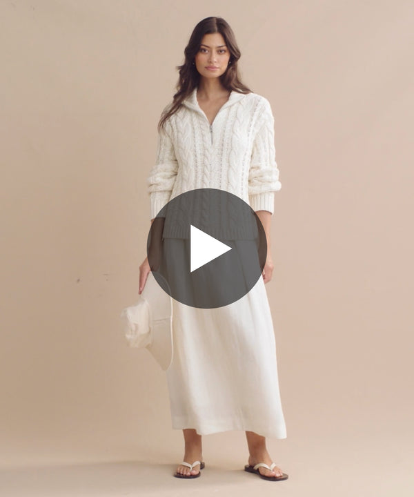 Model wearing Cotton Cable Half Zip.