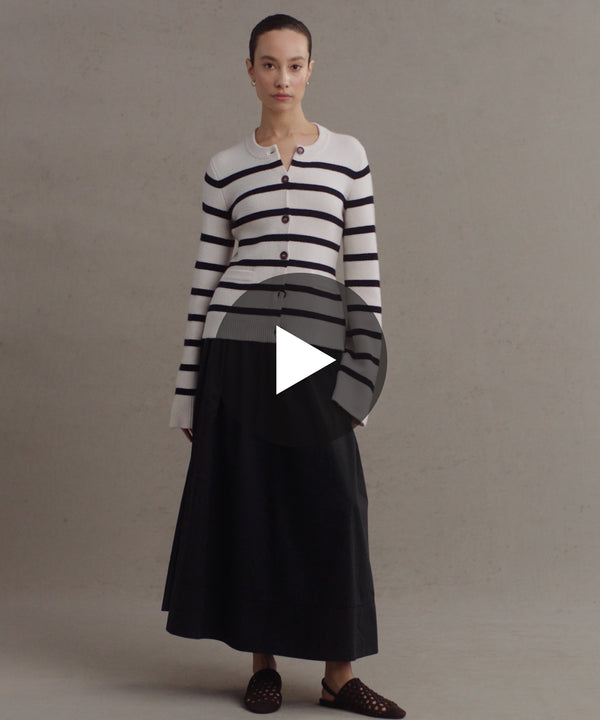 Model wearing Cooper Cardigan in Ivory/Black Stripe.